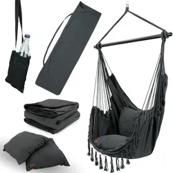 deluxe4home® Hängesessel mit 2 Kissen, Bücherfach und Kuscheldecke   Anthrazit
