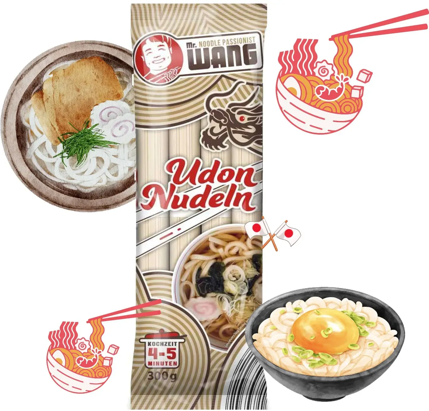 Mr. WANG Udon Nudeln 300g (getrocknet, natürliche Zutaten, Vegan) Japanische Weizennudeln für Suppen, Salaten, Bowls & Wok-Gerichte