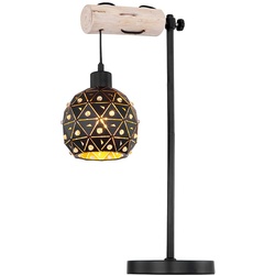 Tischlampe Tischleuchten Schlafzimmerleuchte Holz mit Kristallschirm in Kugelform höhenverstellbar, Metall, 1x E27, LxBxH 34x18x55 cm