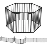 VOUNOT Kaminschutzgitter Freistehend mit Tür, 375cm inkl. 6 Elementen, Ofenschutzgitter Metall für Kinder, Kamingitter Ofengitter Kinderschutz, Laufgitter Laufstall Absperrgitter Baby, Schwarz