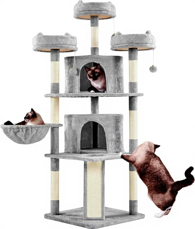 Yaheetech Kratzbaum 174 cm für erwachsene Katzen und Kätzchen, mit Sisal-Seil-Kratzern und 3 Bällen, Hellgrau 55 x 55 x 174 cm