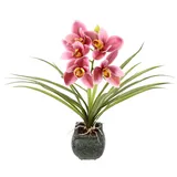 Künstliche Cymbidium-Orchidee 40cm mit Blätter und Luftwurzeln im Topf aus Keramik Kunstorchidee Orchidee Phalaenopsis mit Übertopf Kunstpflanze Hochzeit Deko Seidenblume Real Blüte, rosa
