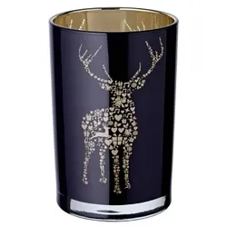 EDZARD Teelichtglas Fancy (Höhe 18 cm), schwarz & goldfarben, Hirsch-Motiv