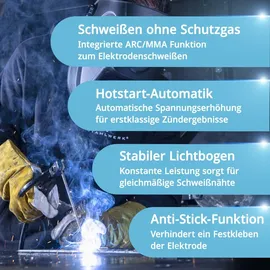 STAHLWERK Mini FLUX 120 ST Digital – Fülldrahtschweißen ohne Gas bis 120 A, kompakt, synergisch, LED-Licht, Lift-TIG- & MMA/ARC-... LIFT TIG Funktion