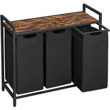 VASAGLE Wäschekorb 3 Fächer, Wäschesammler mit Ablage, Wäschebox, Wäschesack aus Oxford-Gewebe abnehmbar, Metallrahmen, 3 x 40 L, 92,5 x 33 x 72 cm, tintenschwarz-vintagebraun BLH301B01
