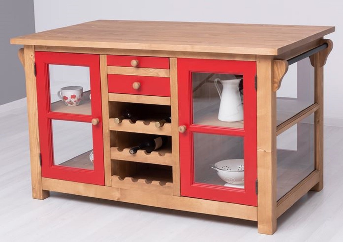 Casa Padrino Landhausstil Kücheninsel Naturfarben / Rot 150 x 90 x H. 90 cm - Massivholz Küchenschrank - Landhausstil Massivholz Küchen Möbel - Massivholz Esszimmer Möbel im Landhausstil