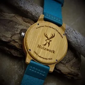 Holzwerk Germany Holzwerk ELSTRA Damen Holz Uhr mit Leder Armband in türkis blau & beige