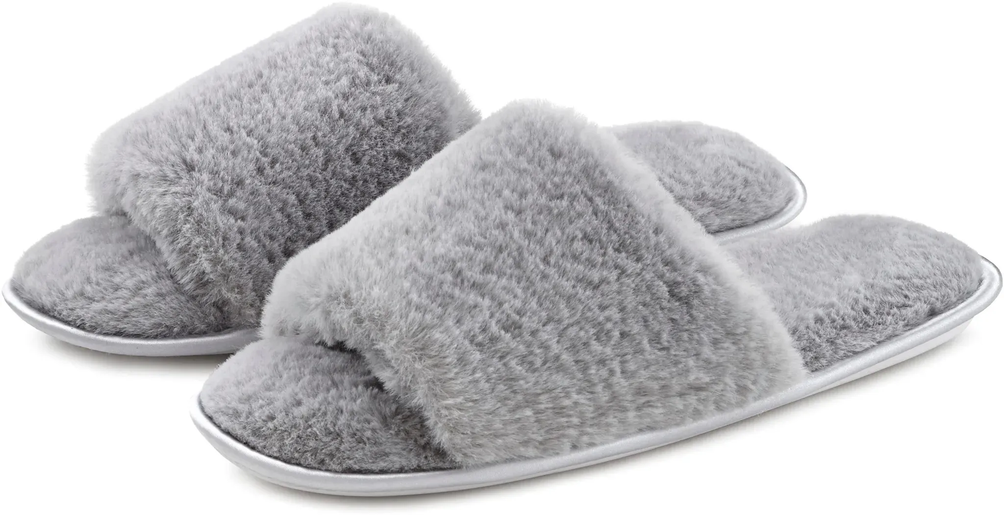 Hausschuh VIVANCE "Pantolette, Pantoffel", Damen, Gr. 36/37, grau, Obermaterial: 100% Synthetik. Decksohle: 100% Synthetik. Futter: 100% Synthetik. Laufsohle: 100% Synthetik, Fellimitat, unifarben, Schuhe Pantoffeln Plüsch Hausschuh, mit kuscheligem, warmen Fellimitat VEGAN