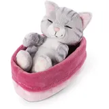 Sigikid NICI Kuscheltier Sleeping Kitties Katze 12cm, grau, im pink-lilanen Körbchen