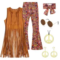 ATOWORLD 70er Jahre Verkleidung Frauen Disco Outfit Hippie Kostüm Frauen Fransen Weste Ausgestellte Hose 70er Jahre Accessoires Damen Kostüm Hippie Kleidung 70er 60er(M)