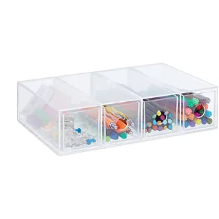 Relaxdays Schubladenbox Kunststoff, HxBxT: 6 x 25 x 17,5 cm, Hoch-& Querformat, Schubladenelement 4 Fächer, transparent