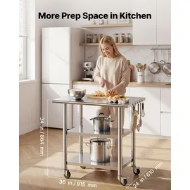 Vevor Gasto Arbeitstisch 915 x 610 x 864 mm, Edelstahltisch mit 3 Ebenen & Rollen & Höhenverstellbaren Ablagen Belastbarkeit Top 227 kg & 2 Unterablagen je 191 kg Vorbereitungstisch für Restaurant