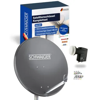 SCHWAIGER Satellitenschüssel Komplettset mit Quad LNB digital HD 4K Stahl SAT Anlage 75cm Anthrazit Masthalterung F-Stecker Montagematerial Astra Hotbird Eutelsat Türksat Amos