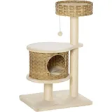 PawHut Kratzbaum Rattan Katzenbaum Kletterbaum mit Katzenhöhle Sisalstämmen Spielbälle Katzenmöbel Höhe 95 cm Sisal Natur+Beige