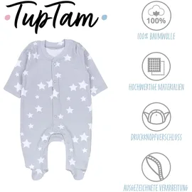 TupTam Baby Jungen Schlafstrampler mit Fuß 3er Pack, Farbe: Weiß grau wolken sterne punkte), Größe: 74 - 74