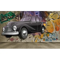 Fototapete PAPERMOON "Auto durch Mauer", bunt, B:3,50m L:2,60m, Vlies, Tapeten