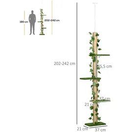 PawHut Kratzbaum, Katzenkratzbaum Deckenhoch, 202-242 cm, Kletterbaum, Katzenbaum Höhenverstellbar, Spielbaum mit Kippschutz, Jute, Grün+Gelb