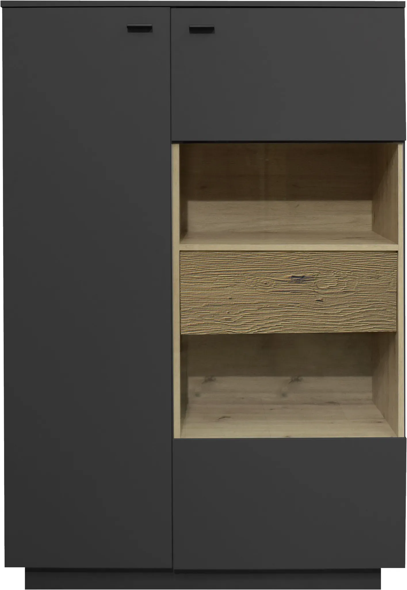 Highboard MÄUSBACHER, schwarz (anthrazit matt lack nb, eiche massiv geschruppt), B:103cm H:151cm T:45cm, Holzwerkstoff, Sideboards, Highboard, B/H/T: 103x151x45, inkl. Beleuchtung