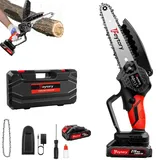 21V Akku Kettensäge mit Akkus, 2 Kette, 6 Zoll Rot Kettensäge Elektrisch Handsäge Einhand Handkettensäge mit Sicherheitsschloss für Gartenarbeit Baumbeschneidung Holzschneiden
