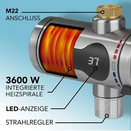MAXXMEE Edelstahl-Durchlauferhitzer Kompakt Schwarz 3600 W