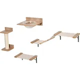 4tlg. Katzenkletterwand mit Kratzbaum, Katzentreppe, Hängematte in Hellbraun aus Sisal, Acryl und Kiefer