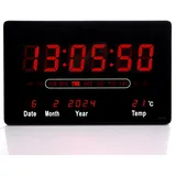 TruWare Just Camp Wanduhr Digital Groß LED Uhr mit Kalender Digitaluhr mit Temperaturanzeige und Wecker Studiouhr für Gewerbe Cafés Kiosk Hallenuhr L (Rot)