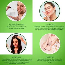 KANZY Teebaumöl Bio Naturrein 60ml mit Pipette Kaltgepresst Tea Tree Oil für Gesicht, Haut, und Nagel Anti Pickel, Haaröl, Akne Öl, Acne Serum gegen Unreine Haut, Öle für Diffuser