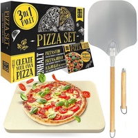 Sidorenko Pizzastein Backstein für Backofen & Gasgrill inkl. Pizzasschieber - 3er Set - Pizzastein rechteckig aus Cordierit für knusprigen Pizzaboden wie vom Italiener, Pizzaschieber und Rezeptbuch, Cordierit