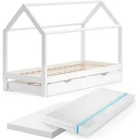 VitaliSpa Kinderbett Hausbett Gästebett Wiki Weiß 90x200cm Schublade Matratzen