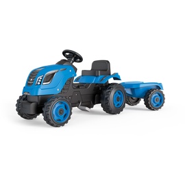 smoby - Traktor Farmer XL Blau + Anhänger - Trettraktor für Kinder - Verstellbarer Sitz - Lenkrad mit Hupe - Motorhaube zum Aufklappen