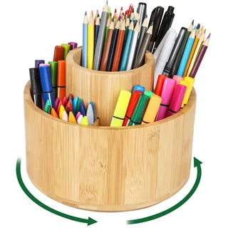 Cinnani Schreibtisch Organizer aus Bambus, 360° Drehbar Stiftehalter Holz, Große Kapazität Stifthalter Kinder, Stifte Organizer mit 9 Große Fächer, für Büro, Schule, Kunstatelie, Zuhause (Holz Farbe)