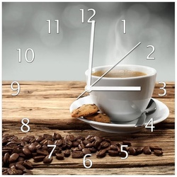 Wallario Wanduhr Heiße Tasse Kaffee mit Kaffeebohnen (Glasuhr) braun 30 cm x 30 cm
