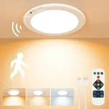 Deckenlampe Akku Kabellos mit Bewegungsmelder Innen, Rund LED Deckenleuchte Dimmbar 3 Lichtferben USB Aufladbar Timer Zimmer Flur Keller Garage Treppe