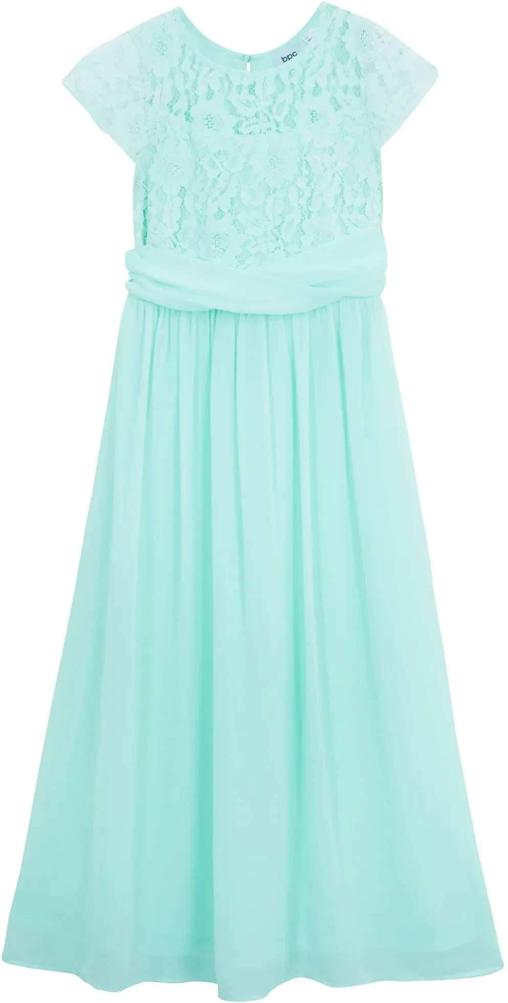 Chiffonkleid BONPRIX, Mädchen, Gr. 146, N-Gr, blau (pastellmint), Chiffon, Obermaterial: 100% Polyester. Futter: 100% Polyester, festlich, regular fit, Kleider Chiffonkleid, festliches Kleid, mit Spitzenoberteil, aus Chiffon, mit kurzem Arm