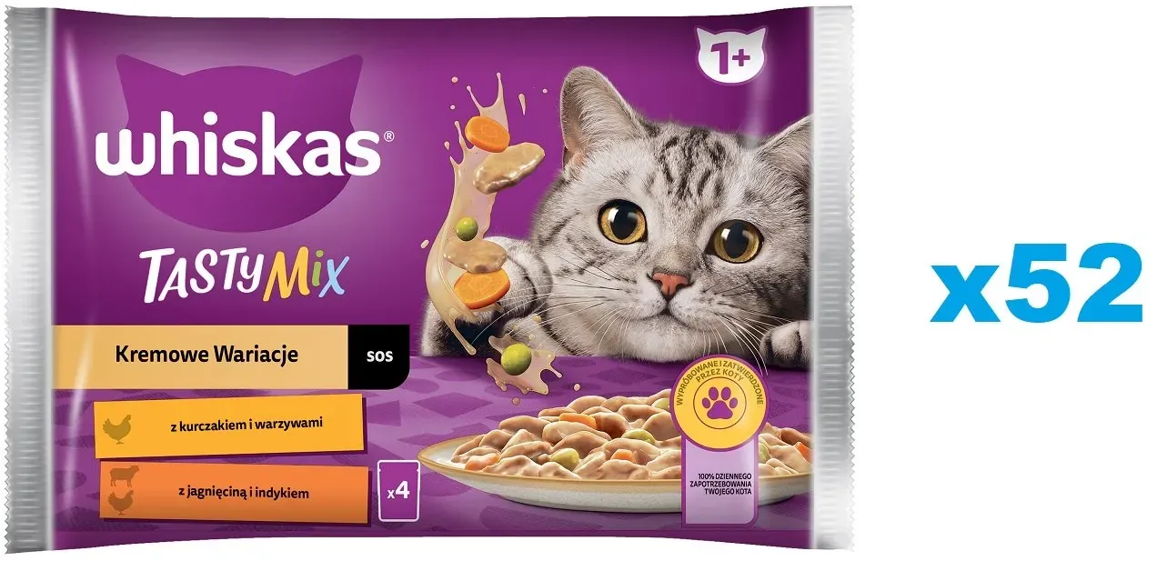 WHISKAS Adult 52x85g Creamy Variations Nassfutter für ausgewachsene Katzen in Sauce mit: Huhn und Gemüse, Lamm und Pute