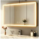 WDWRITTI Badezimmerspiegelschrank mit LED Spiegelschrank Bad mit Beleuchtung 100cm x 60cm 90x60cm 3türig (Alu-Schranktür, Stahl Schrank-Korpus, Doppel Spiegel, Kalt/Neutral/Warmweiß, Dimmbar, Anti-Fog, Speicherfunktion) vormontiert geliefert, Wandmontage, Eingebautemontage, mit Netzadapter schwarz 90 cm x 60 cm x 13.5 cm