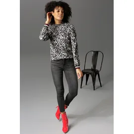 Aniston CASUAL Langarmshirt mit trendigem Animal-Print und gestreiften Bündchen Gr. 36, schwarz-grau-weiß-rot, , 72473507-36