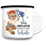 Wandtattoo Loft Kindertasse mit Namen und Tiger auf Skateboard Motiv, Emaille Tasse Kinder Namen, Tasse Kinder, Kindertasse personalisiert, Trinkbecher Kinder, Schulkind Tasse, Camping Tasse Kinder