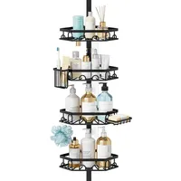 HapiRm Teleskopstange Duschregal Duscheckregal Teleskop- 4 Stufe Teleskopregal Dusche, rostfrei Teleskop Badregal mit 16 Haken, Zahnbürstenhalter & Seifenschale, Teleskopstange Badezimmer für 70-276cm