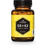 Vitamin D3 + K2 hochdosiert - 5000 IE Vitamin D3 + 200mcg Vitamin K2-90 Kapseln im Glas - Laborgeprüft