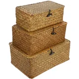 Veemoon Aufbewahrungskorb aus Seegras mit Deckel, rustikales Weidenregal, Körbe, handgewebter Korb, Aufbewahrungsbehälter, quadratische Rattan-Organizer-Box (S, L, drei Größen)