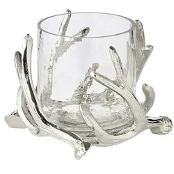 EDZARD Windlicht Kingston, Geweih-Design, Aluminium, silberfarben, mit Glas, Höhe 10 cm, ø 11 cm