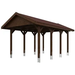Skan Holz Wallgau - Satteldach Einzelcarport Breite 380 cm Gr. 1 - 380 x 600 cm Dachschalung Dachschalung mit Dachschindeln (rot) nussbaum Holzcarport