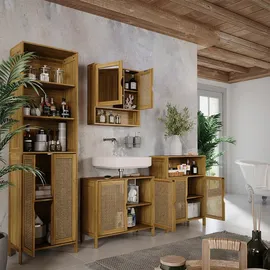 Vicco Waschbeckenunterschrank Liora, Bambus/Rattan/Creme, 68 x 60 cm mit 2 Türen zur Aufbewahrung von Badutensilien und Handtüchern