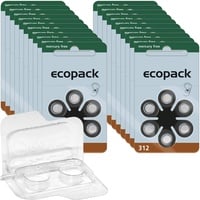 120x ecopack Hörgerätebatterien 312 (Braun), 20x6er Blister 1,4V + Aufbewahrungsbox für 2 Hörgerätebatterien (10, 13, 312, 675), transparente Batteriebox