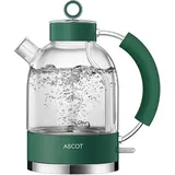 ASCOT Wasserkocher Glas, Elektrischer Wasserkocher Geschenke für Männer/Frauen 1,5L, Retro Leiser Schnellkochkessel, Trockengehschutz und automatische Abschaltung (Smaragdgrün)