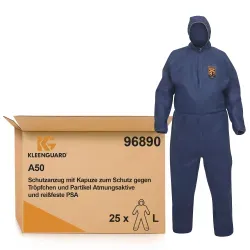 KLEENGUARD A50 atmungsaktiver Schutzanzug, mit Kapuze, blau 96890 , 1 Karton à 25 Anzüge, Größe: L