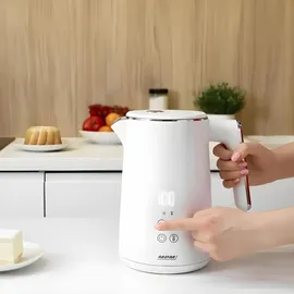MPM MCZ-120 Wasserkocher 1,5L mit Doppelwand-Design, Temperaturregelung 40-100°C, Edelstahl-Innenbehälter, 2200W, Geräuscharm, Weiß