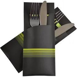 50x Pochetto Bestecktaschen 200x85mm schwarz limette Streifen Serviette