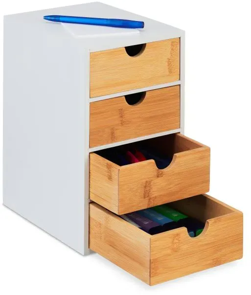 Relaxdays Schubladenbox mit 4 Fächern Weiß,Hellbraun